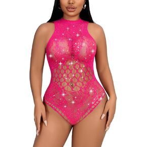 Avidlove Fishnet Lingerie for Women Sparkle Rhinestone Bodysuit Hollow Out Mesh Teddy Lingerie Club Rave Outfits