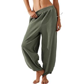 Womens Baggy Wide Leg Pants Summer Linen Pants Casual Elastic Waist Palazzo Harem Pants with Pockets