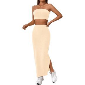 Verdusa Women's Summer Two Piece Outfits Strapless Crop Top and Side Split Draped Midi Hem Skirt Set