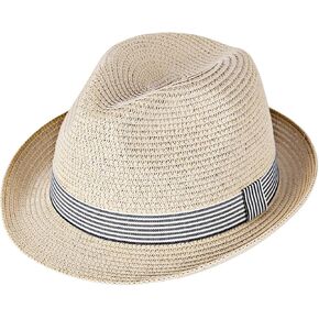 Summer Panama Straw Fedora Hats for Men Women Trilby Hat Foldable Roll Up Short Brim Panama Beach Hat Topper Beige