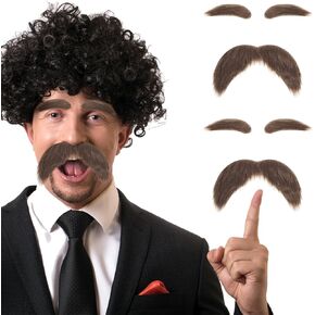2Sets Fake Mustache and Eyebrows Self Adhesive Fake Beard Novelty Costume Facial Hair Accessories for Costume Halloween Festival Party Cosplay Brown
