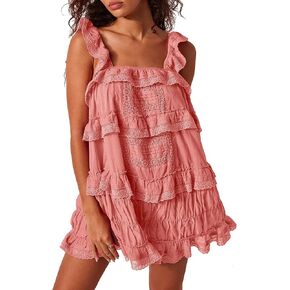 Gacaky Women's Summer Casual Sleeveless Rompers Ruffle Flowy Boho Sun Dress Loose Mini Dress with Built-in Shorts