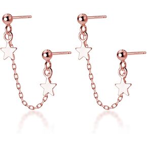 Reffeer Solid 925 Sterling Silver Two Piercing Cute Ball Star Stud Chain Earrings Climber Ball Star Cuff Earrings Helix for Women Teen