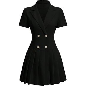 Nihsatin Women's Double Breasted Blazer Jacket Lapel Collar Short Sleeve Pleated Hem Blazer Dress