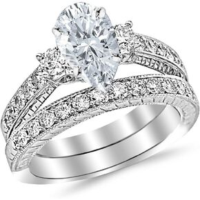 14K White Gold 3.5 Carat LAB GROWN DIAMOND Three Stone Vintage With Milgrain & Filigree Bridal Set with Wedding Band & Pear Cut Diamond Engagement Ring (G-H Color VS1-VS2 Clarity 2.5 Ct Center)