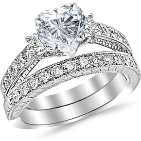 14K White Gold 3 Carat LAB GROWN DIAMOND Three Stone Vintage With Milgrain & Filigree Bridal Set with Wedding Band & Heart Cut Diamond Engagement Ring (E-F Color VS2-SI1 Clarity 2 Ct Center)