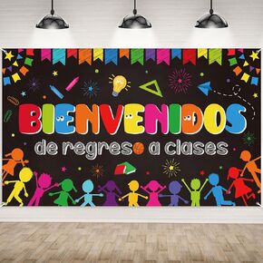 Bienvenidos Sign Spanish Welcome Back to School Banner, Large Fabric First Day of School Banner Backdrop Poster Bulletin Board Flag Photo Booth Wall Decoration for School Supplies 72.8 x 43.3 Inch