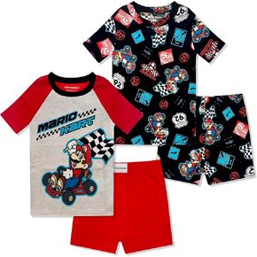 Super Mario Boys Pajama Set - 4 Piece Short Sleeve & Shorts Pajama Set - 100% Cotton Snug Fit Kids Pjs - Boys Summer Pajamas