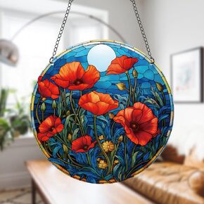 Generic 11.8 Inches Red Wildflowers Acrylic Window Hanging Decor Stained Glass Panels Floral Plants Wall Art Mural Suncatcher for Bedroom Garden Wall Decoration Gift for Mom Grandma Teacher