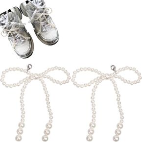 LIU JUN 2 pcs Pearls Bow Shoe Charms For Sneakers, Decoration Charms For Dress Shoes Buckle Pearl Beaded Chain DIY Shoe Lace Sneakers Accessories For Women Jewelry
