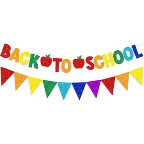 Glitter Back to School Banner and Colorful Glittery Pennant Banner for Back to School Decorations, First Day Of School Decorations, Classroom Teacher Office School Decorations Supplies