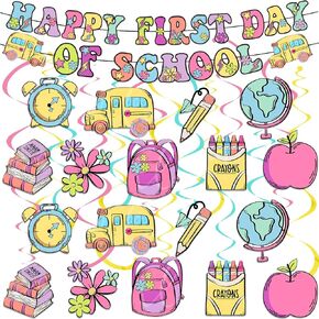Happy First Day of School Banner, 59pcs Welcome Back to School Party Decorations for Classroom Hanging Swril 1st Day of School Classroom Party Supplies