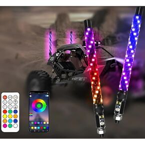 2-pcs Whip Lights, LED Whip Light with App & Remote Control, Spiral RGB Chasing Lighted Antenna Whips,Whip Light for UTV ATV RZR SXS Can-Am Dune Buggy Offroad Truck (1ft)