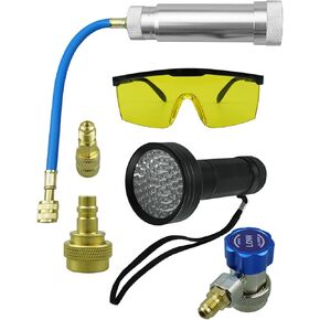 A/C Oil Dye Injector Kit Fit for R134A R22 R12 R1234YF Refrigerant System with Adjustable Coupler Flashlight and Protective Glasses