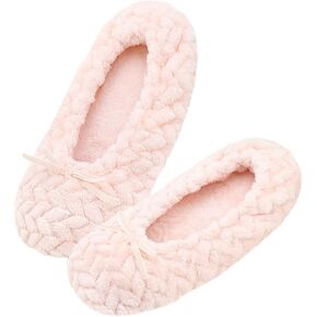 Women's Ballerina House Slippers with Soft Tie Bow and Suede Sole, Non-Slip Bedroom Slippers Socks
