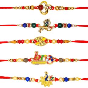 Set of 5 Rakhi for Brother Om Rakhi for Boys Brother Rakhi for Little Brother | Raksha bandhan Peacock Rakhi Bracelet for Brother Krishna Bansuri Rakhi Set with Greeting Card & Roli Chawal