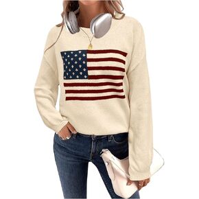 GORGLITTER Women's American Flag Graphic Long Sleeve Sweater Knit Round Neck Pullover Top
