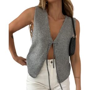 Women Sleeveless Knit Vest Top V Neck Open Front Tie Up Crochet Crop Top Casual Vintage Y2k Sweater