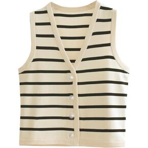 Womens Striped Knit Vest Dressy Sweater Trendy Sweater Sleeveless Button Down Tank Tops Summer