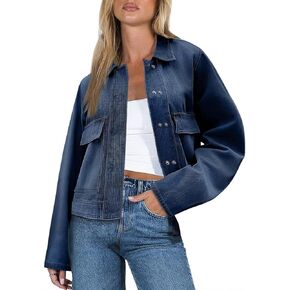 Womens Jean Jackets Casual Button Down Long Sleeve Loose Fit Denim Coat with Pockets