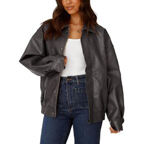 PRETTYGARDEN Women's Faux Leather Motorcycle Jacket Trendy Fall Clothes Oversized Zip Up Winter Coat Outerwear