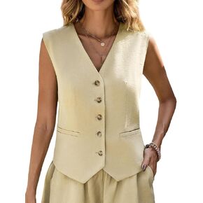 2024 Summer Linen Vest Women Sleeveless Lihtweight Fully Linend V Neck Button Tops Business Casual Blazer Jacket Pocket