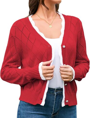 V FOR CITY سترة كروشيه للنساء سترة مقصوصة كم صدفي رقبة على شكل حرف V تجاهلات زر اللؤلؤ المشذب متماسكة الخريف محكم in Kuwait