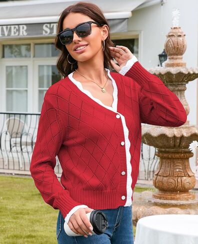 V FOR CITY سترة كروشيه للنساء سترة مقصوصة كم صدفي رقبة على شكل حرف V تجاهلات زر اللؤلؤ المشذب متماسكة الخريف محكم in Kuwait