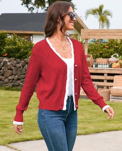 V FOR CITY سترة كروشيه للنساء سترة مقصوصة كم صدفي رقبة على شكل حرف V تجاهلات زر اللؤلؤ المشذب متماسكة الخريف محكم in Kuwait