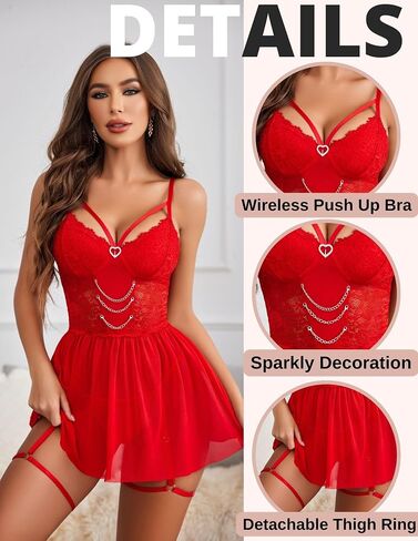 Avidlove Lingerie for Women Lace Babydoll Sexy Mesh Sleepwear V Neck Chemise with Garter Belt in Saudi Arabia