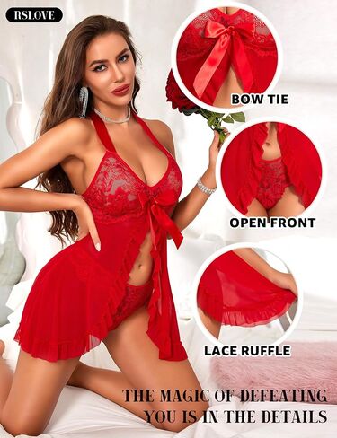 RSLOVE Lingerie for Women Lace Babydoll - Sexy Lingerie Open Front Sleepwear Halter Nightwear Ruffle Trim Chemise in Saudi Arabia
