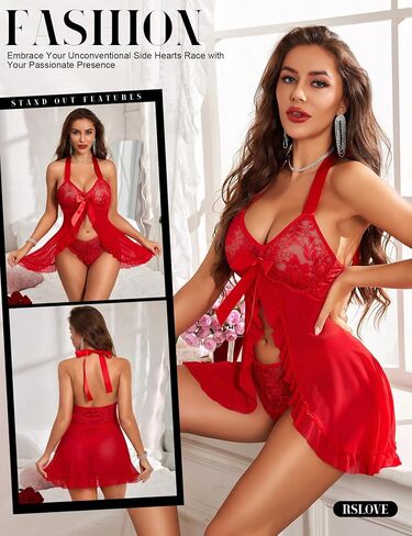 RSLOVE Lingerie for Women Lace Babydoll - Sexy Lingerie Open Front Sleepwear Halter Nightwear Ruffle Trim Chemise in Saudi Arabia