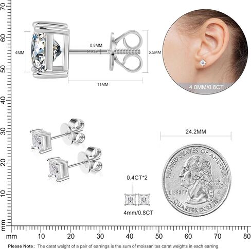 0.8-5ct Princess Moissanite Earrings for Women Men, Lab Created Diamond Stud Earrings Solid 925 Sterling Silver 18K White Gold Plated Princess Cut Moissanite Screw Back Solitaire Earrings Studs in Saudi Arabia