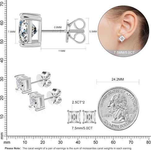 0.8-5ct Princess Moissanite Earrings for Women Men, Lab Created Diamond Stud Earrings Solid 925 Sterling Silver 18K White Gold Plated Princess Cut Moissanite Screw Back Solitaire Earrings Studs in Saudi Arabia