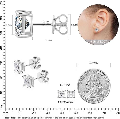 0.8-5ct Princess Moissanite Earrings for Women Men, Lab Created Diamond Stud Earrings Solid 925 Sterling Silver 18K White Gold Plated Princess Cut Moissanite Screw Back Solitaire Earrings Studs in Saudi Arabia