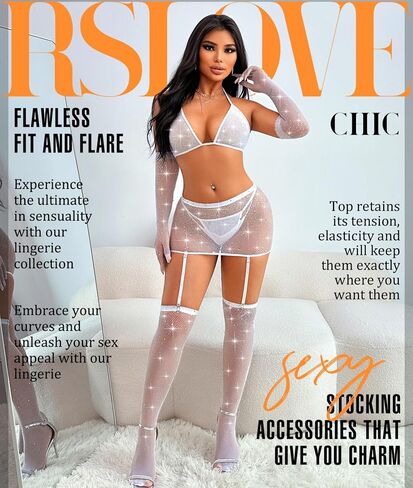 RSLOVE Lingerie Sets for Women - Fishnet Lingerie Sparkle Rhinestone 5 Piece Lingerie Sets Mesh Babydoll with Garter in Saudi Arabia