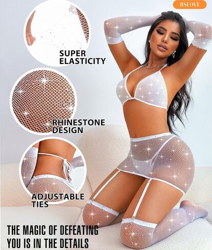 RSLOVE Lingerie Sets for Women - Fishnet Lingerie Sparkle Rhinestone 5 Piece Lingerie Sets Mesh Babydoll with Garter in Saudi Arabia
