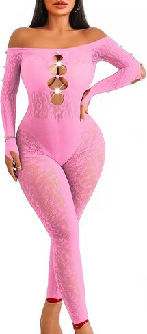 Avidlove Women Lingeries Long Sleeve Fishnet Body Stocking Leopard Sexy Outfit Rhinestone Body Suits Cut Out Jumpsuit in Saudi Arabia