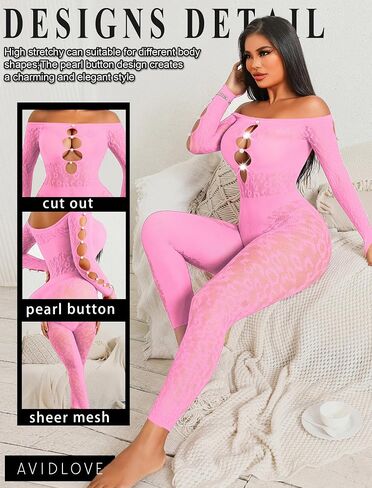 Avidlove Women Lingeries Long Sleeve Fishnet Body Stocking Leopard Sexy Outfit Rhinestone Body Suits Cut Out Jumpsuit in Saudi Arabia