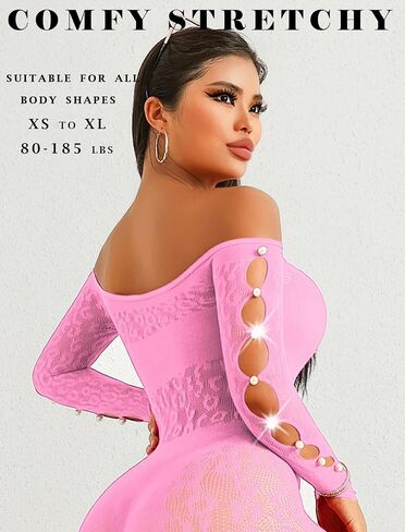 Avidlove Women Lingeries Long Sleeve Fishnet Body Stocking Leopard Sexy Outfit Rhinestone Body Suits Cut Out Jumpsuit in Saudi Arabia