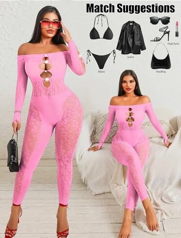 Avidlove Women Lingeries Long Sleeve Fishnet Body Stocking Leopard Sexy Outfit Rhinestone Body Suits Cut Out Jumpsuit in Saudi Arabia