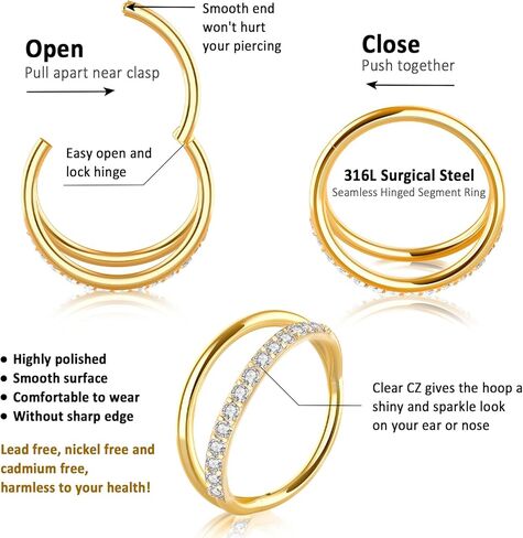 funtopia 18g حلقات الأنف الأطواق، 6 قطع 316l الجراحية الصلب هوب حلقات الأنف للنساء الرجال، الذهب تشيكوسلوفاكيا الفرس يتوقف حلقة الحاجز حلقة مزدوجة هوب، 8mm الشفاه دايث روك محارة هيئة ثقب المجوهرات in Kuwait