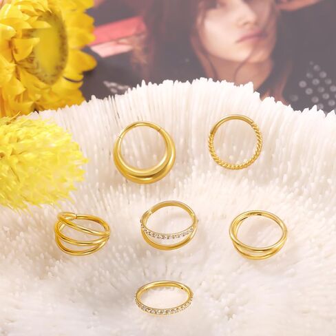 funtopia 18g حلقات الأنف الأطواق، 6 قطع 316l الجراحية الصلب هوب حلقات الأنف للنساء الرجال، الذهب تشيكوسلوفاكيا الفرس يتوقف حلقة الحاجز حلقة مزدوجة هوب، 8mm الشفاه دايث روك محارة هيئة ثقب المجوهرات in Kuwait