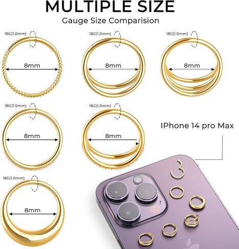funtopia 18g حلقات الأنف الأطواق، 6 قطع 316l الجراحية الصلب هوب حلقات الأنف للنساء الرجال، الذهب تشيكوسلوفاكيا الفرس يتوقف حلقة الحاجز حلقة مزدوجة هوب، 8mm الشفاه دايث روك محارة هيئة ثقب المجوهرات in Kuwait