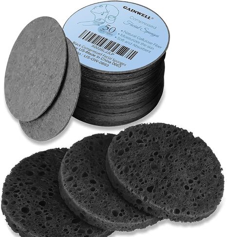 50-Count Black Compressed Facial Sponges for Daily Facial Cleansing and Exfoliating, 100％ Natural Cosmetic Spa Sponges for Makeup Remover, Reusable in Saudi Arabia