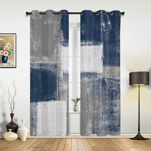 ستائر باللونين الأزرق الداكن والرمادي لغرفة المعيشة بطول 84 بوصة، ستائر فنية تجريدية لطلاء النوافذ بفرشاة متدرجة، لوحات ستائر بحلقة معدنية، قطعتان in Kuwait