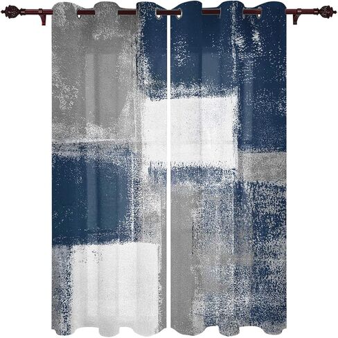 ستائر باللونين الأزرق الداكن والرمادي لغرفة المعيشة بطول 84 بوصة، ستائر فنية تجريدية لطلاء النوافذ بفرشاة متدرجة، لوحات ستائر بحلقة معدنية، قطعتان in Kuwait