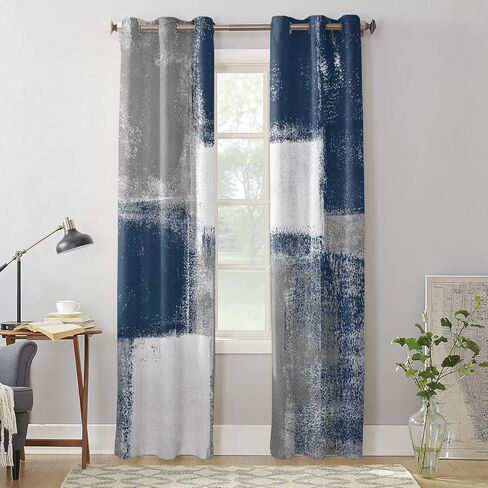 ستائر باللونين الأزرق الداكن والرمادي لغرفة المعيشة بطول 84 بوصة، ستائر فنية تجريدية لطلاء النوافذ بفرشاة متدرجة، لوحات ستائر بحلقة معدنية، قطعتان in Kuwait