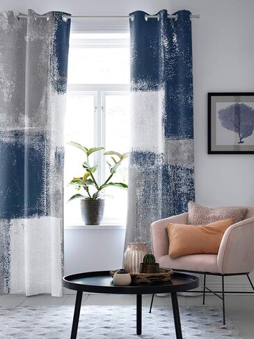 ستائر باللونين الأزرق الداكن والرمادي لغرفة المعيشة بطول 84 بوصة، ستائر فنية تجريدية لطلاء النوافذ بفرشاة متدرجة، لوحات ستائر بحلقة معدنية، قطعتان in Kuwait
