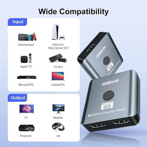 SGEYR HDMI 2.1 Switch, 8K HDMI Switcher 2 in 1 Out,HDMI Switch Selector,Aluminum HDMI Splitter Bi-Directional Ultra HD HDMI Switch,4K@120Hz,8K@60Hz,48Gbps, Compatible with PS5/4,Xbox,Roku (Black) in Kuwait